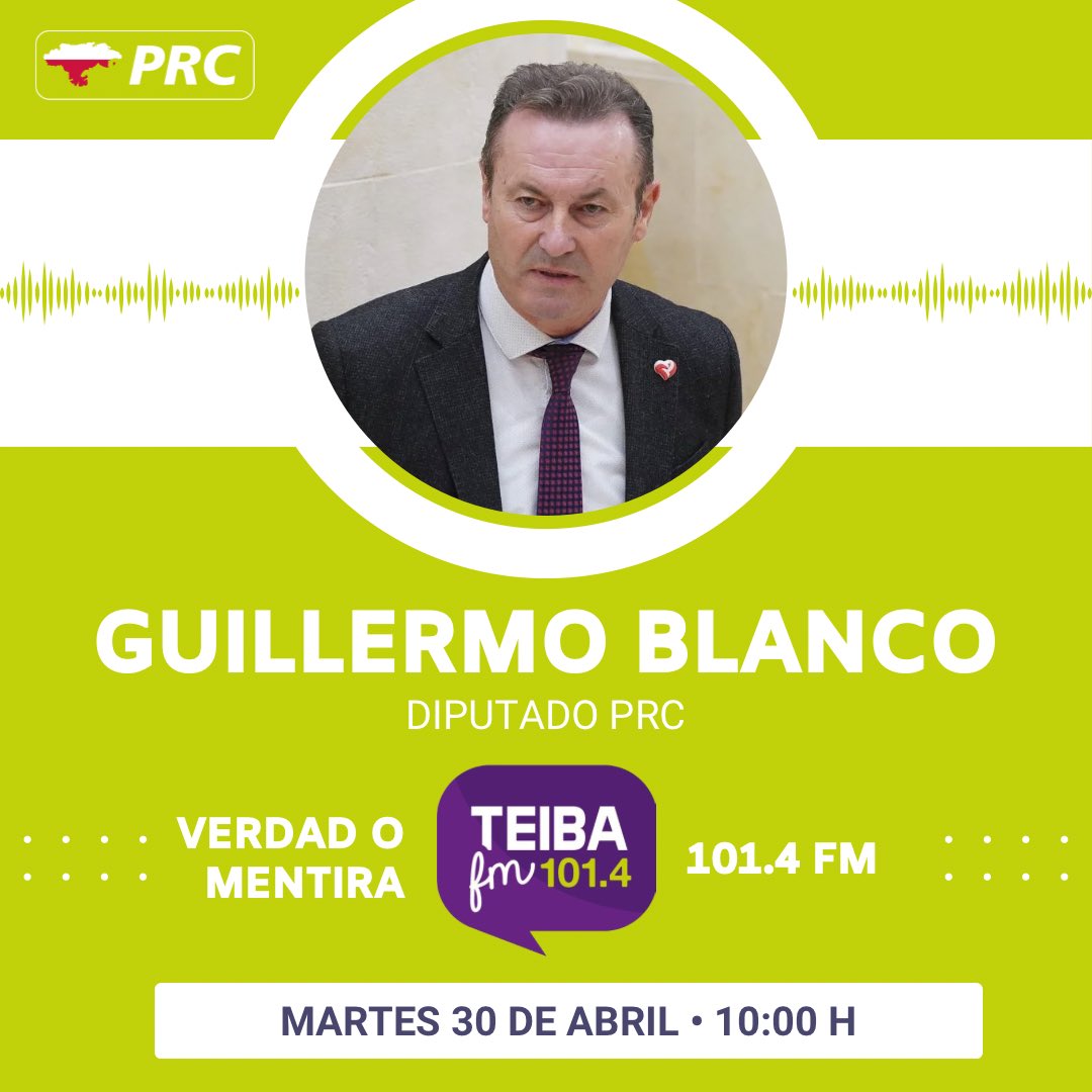 📻 Este martes nuestro diputado Guillermo Blanco @GuillermOngayo participa en: ⌚️ 10:00 h en “Verdad o mentira” @radioteibafm Teiba FM en la 101.4 FM #radiocantabria #cantabria #prccantabria #prcantabria