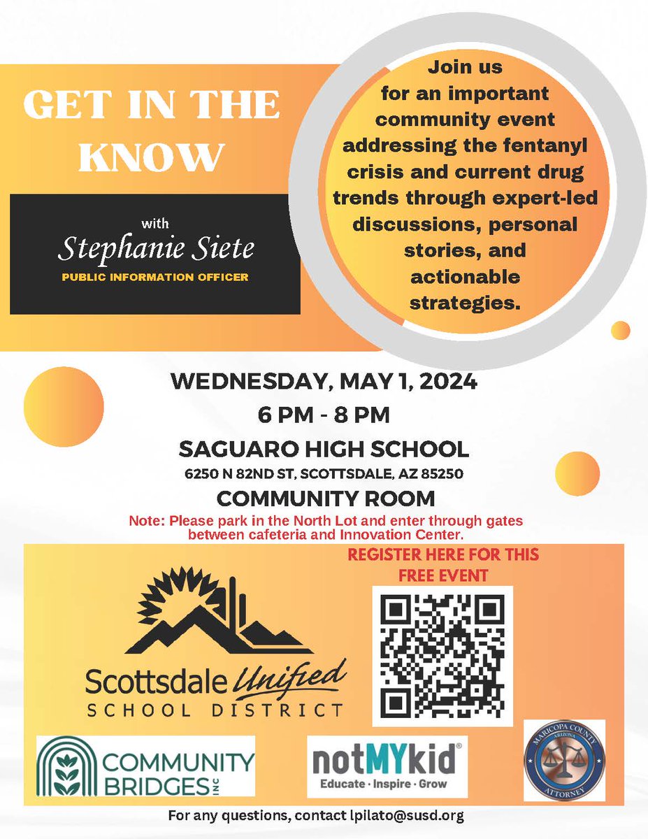 Join us for an important community event addressing the fentanyl crisis and other drug trends. The event will be hosted Wednesday at @SaguaroSUSD from 6 to 8 PM. To register for this event, please visit bit.ly/4b77ZTY. #BecauseKids #OneTeam #CommunityEvent #SUSD