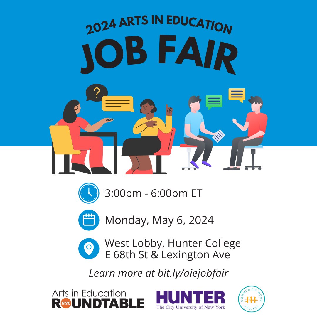 Join us next week for the 2024 Arts in Education #JobFair! Connect with 40 #ArtsEd and cultural organizations from across NYC looking to engage with arts administrators, TAs, interns, and students looking for employment in the field. Learn more at bit.ly/aiejobfair.