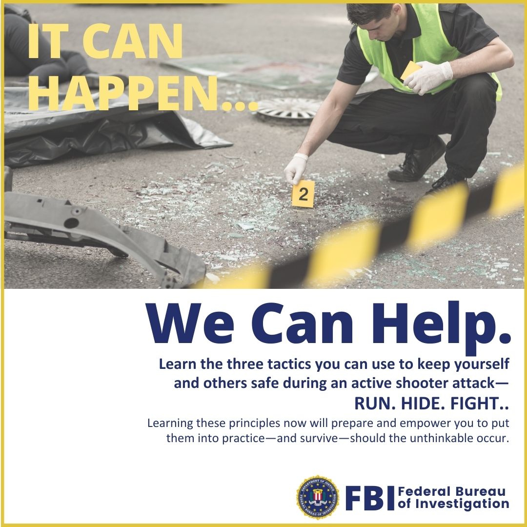 We urge everyone to learn three simple steps to remain safe. Discover the #FBI Active Shooter Safety Resources so you and your family are prepared in the event of an adverse situation. ow.ly/NjMP50RriSb