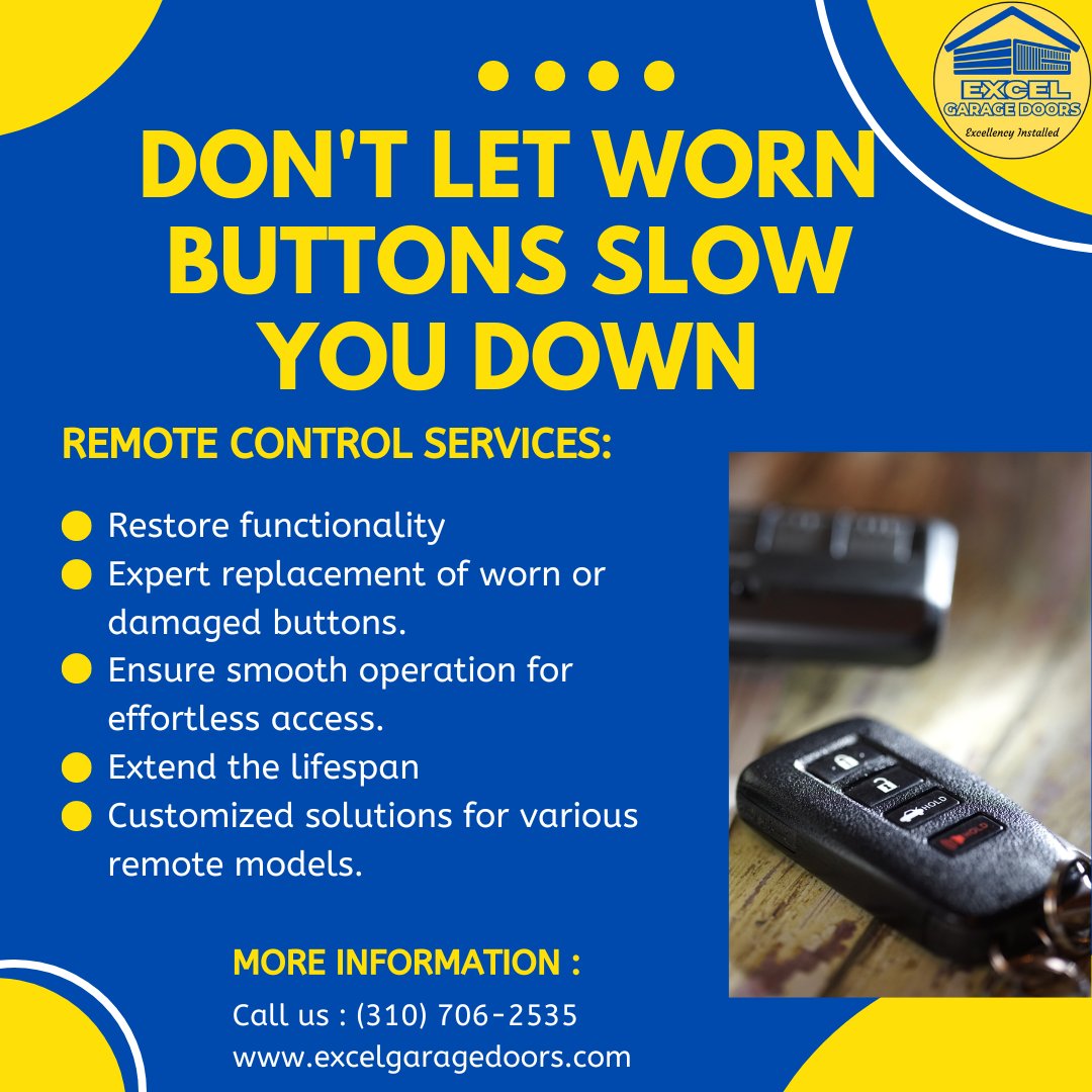 Is your garage door remote feeling a bit tired?
Don't let worn buttons slow you down!
#GarageDoorRemote #ButtonReplacement #ExcelGarageDoors #SmoothOperation #RemoteRepair #GarageAccess #HomeMaintenance #ExpertService #convenience