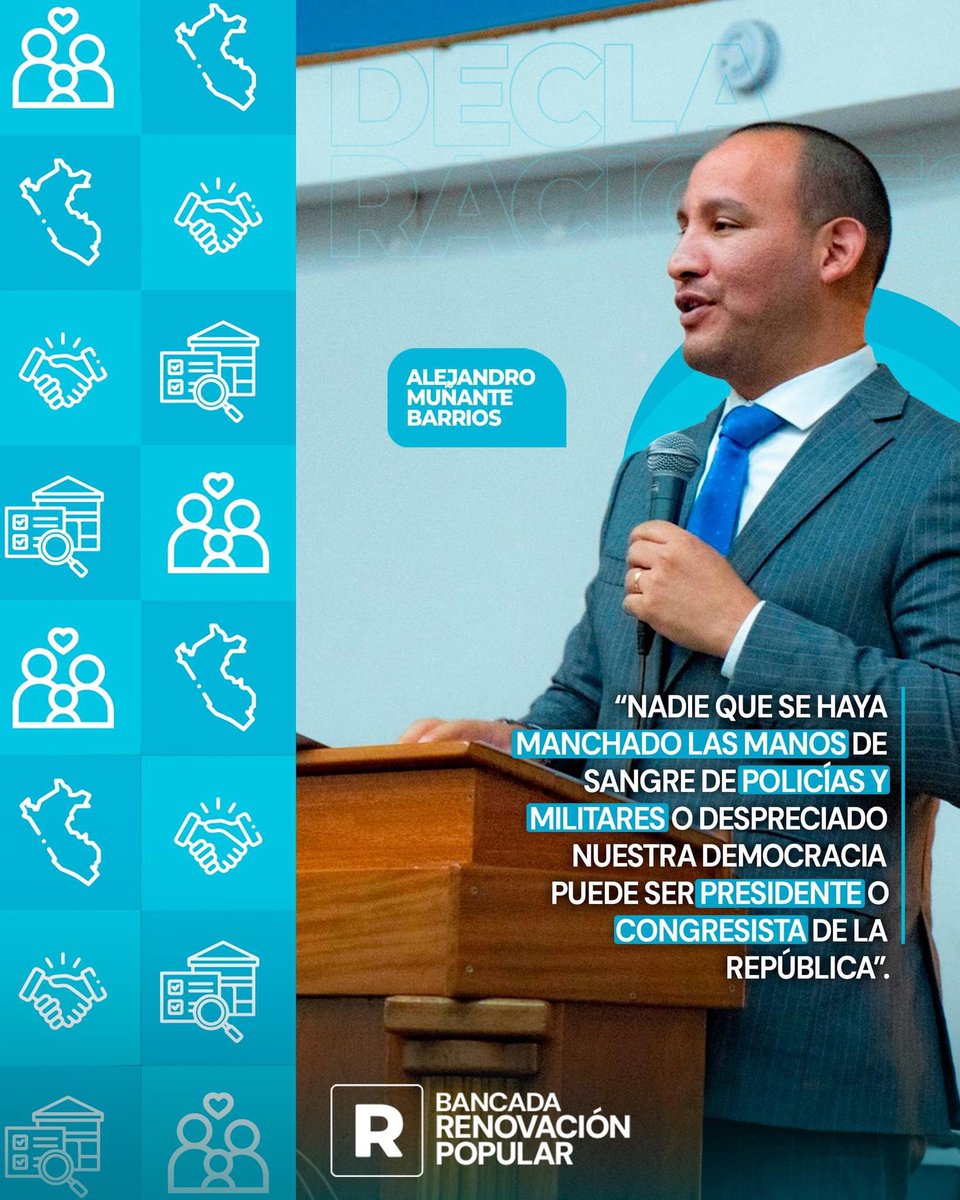 #Declaraciones | Congresista, @AlejoMunante : 'Quien haya manchado sus manos con la sangre de policías y militares, o haya menospreciado nuestra democracia, no merece ser presidente o congresista en nuestra nación'.

#BancadaCeleste