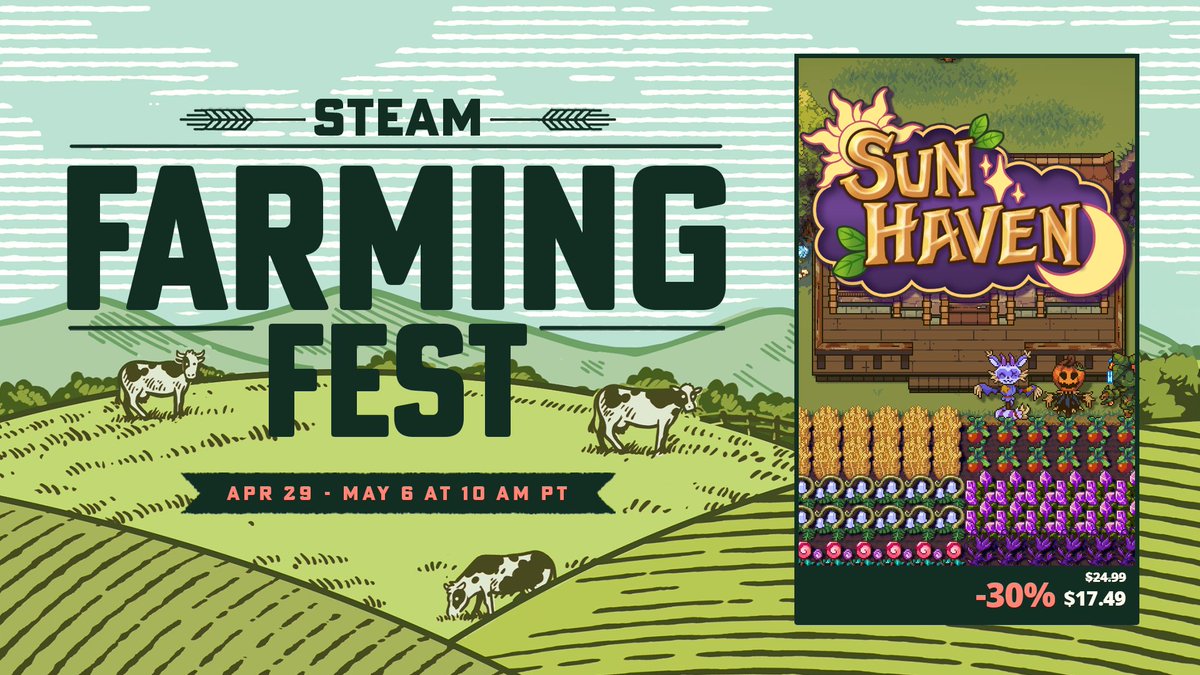 What's better than a farming game?

A farming game with fantasy, magic, monsters, and even dragons! 🪄🐉

To celebrate the Steam Farming Fest, you can now get Sun Haven and all DLC packs for 30% off from now until May 6th! 🐮🌱

store.steampowered.com/app/1432860/Su…