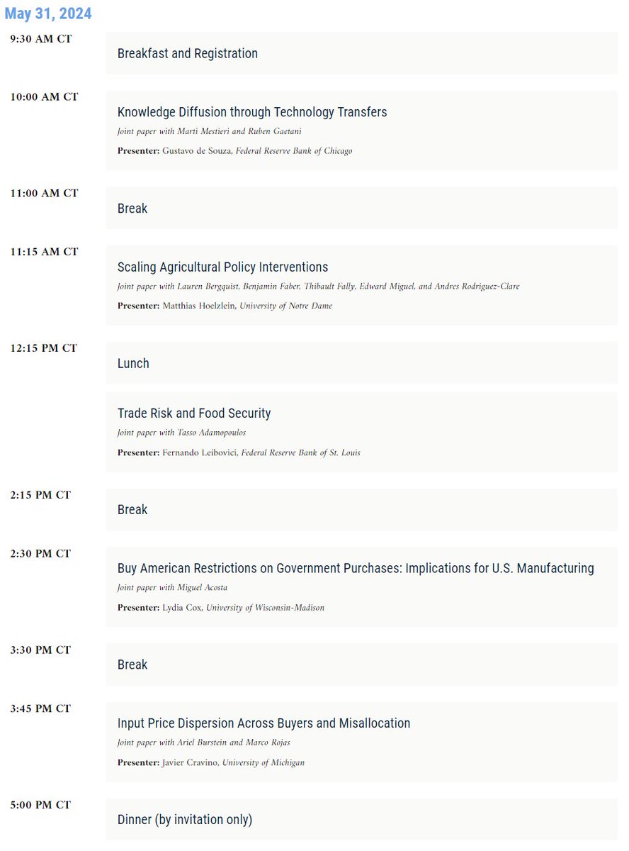 Gustavo de Souza (@gusmicrotomacro) on Twitter photo .<a href="/ChicagoFed/">ChicagoFed</a> Workshop on International Economics
We are bringing back a workshop series on International Economics!
Our revival edition features great papers by Matthias Hoelzlein (<a href="/NotreDame/">University of Notre Dame</a>), <a href="/LeiboviciF/">Fernando Leibovici</a> (<a href="/stlouisfed/">St. Louis Fed</a> <a href="/STLFedResearch/">St. Louis Fed Economic Research</a>), @lyd_cox (<a href="/UWMadison/">UW–Madison</a>), Javier Cravino .<a href="/ChicagoFed/">ChicagoFed</a> Workshop on International Economics
We are bringing back a workshop series on International Economics!
Our revival edition features great papers by Matthias Hoelzlein (<a href="/NotreDame/">University of Notre Dame</a>), <a href="/LeiboviciF/">Fernando Leibovici</a> (<a href="/stlouisfed/">St. Louis Fed</a> <a href="/STLFedResearch/">St. Louis Fed Economic Research</a>), @lyd_cox (<a href="/UWMadison/">UW–Madison</a>), Javier Cravino