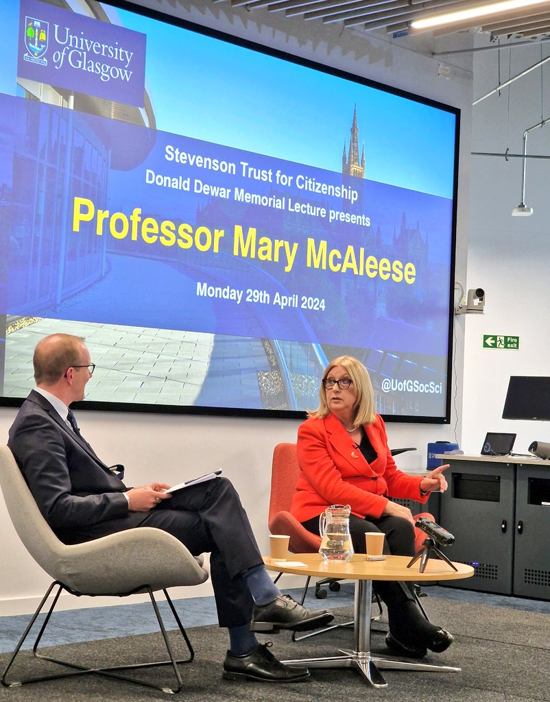 'I love the stones and the bones of the place.' A heartfelt tribute to Glasgow by former President of Ireland Mary McAleese. She regaled us with a fascinating Donald Dewar Memorial Lecture at @UofGlasgow this evening on her career and the rich bonds between Scotland and Ireland