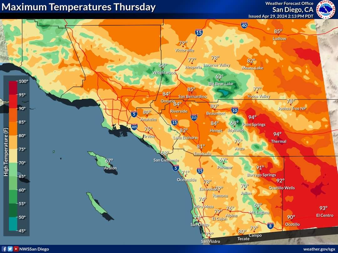 The National Weather Service predicts warm seasonal conditions and weak Santa Ana winds this week. 🌡️ ☀️ 🍃 #weather #weatherupdate #nature #spring #april