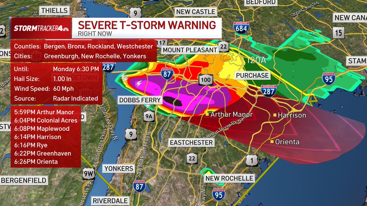 A Severe Thunderstorm Warning has been issued for Southern Westchester County until 6:30pm. 1' hail and 60 mph wind gusts are possible with this storm. Stay in a secure building until the storm passes. #StormTeam4NY