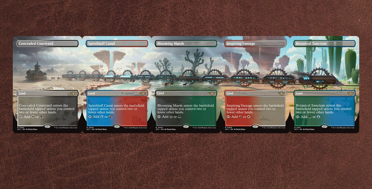 You've heard of a bullet train before, but how about a 'Fastlands' train? Check out the Borderless lands out of #MTGThunder combining to make the perfect spread. Now to make a 5-color deck to run them all!