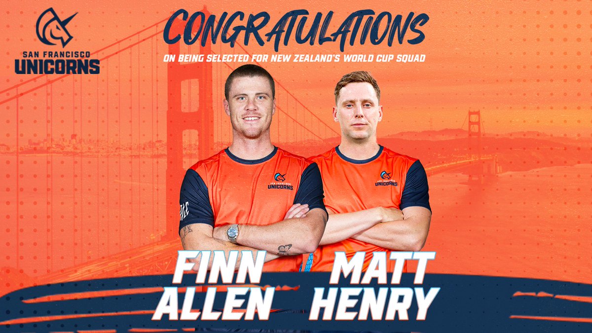𝗘𝗻 𝗿𝗼𝘂𝘁𝗲 to the ICC Men's T20 World Cup 🏏 Congrats to Finn Allen and Matt Henry on their inclusion in New Zealand's World Cup Squad 🇳🇿 #SFUnicorns #T20WorldCup2024