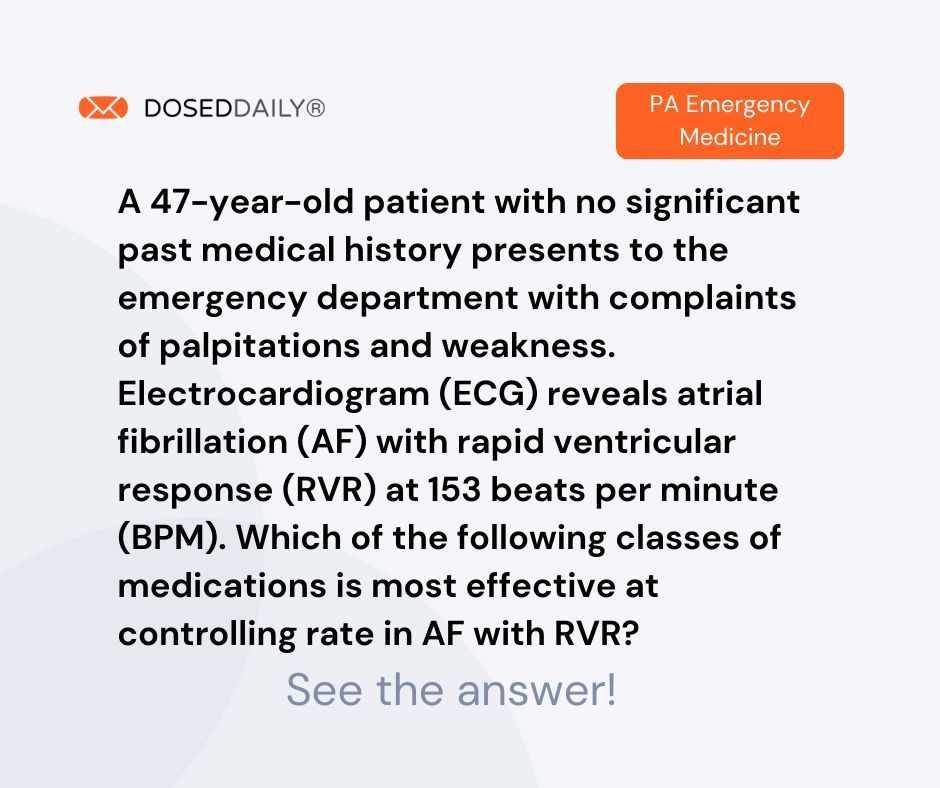 Try this question from PA Emergency Medicine  and sign up to get 12 free credits --->
buff.ly/3SOGh8F 

#PhysicianAssistant
#PhysicianAssistantCME