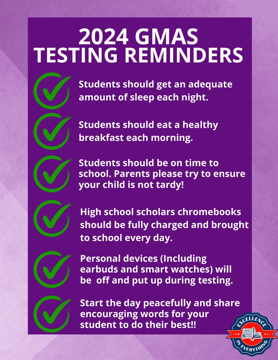 𝐆𝐌𝐀𝐒 𝐓𝐞𝐬𝐭𝐢𝐧𝐠 𝐛𝐞𝐠𝐢𝐧𝐬 𝐓𝐎𝐌𝐎𝐑𝐑𝐎𝐖! Parents, please be reminded to prepare our scholars as much as possible so they are prepared for success while testing! #ExcellenceInEverything #RockThatTest #GeorgiaMilestonesTest2024