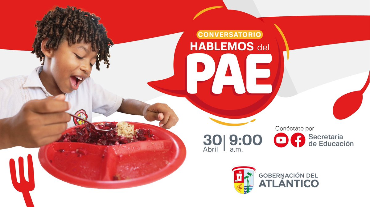 ¡📢Hablemos del PAE🍛! 📚 Mañana martes, 3️⃣0️⃣ de abril, únete a la transmisión donde nuestra @SEDAtlantico dará respuestas claras y precisas sobre el Programa de Alimentación Escolar.🍏 ⏰ 9:00 a.m. 📲YouTube youtube.com/live/G-oEqHW98… 📲 Facebook facebook.com/events/1375547…