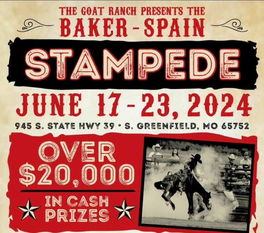 Baker-Spain Stampede June 17-23 in Greenfield, MO

#rodeo #Stampede #bullriding #barrelracing #steerwrestling #roping #broncriding #horse #cowboy #cowgirl #Western #rodeotime #missouri