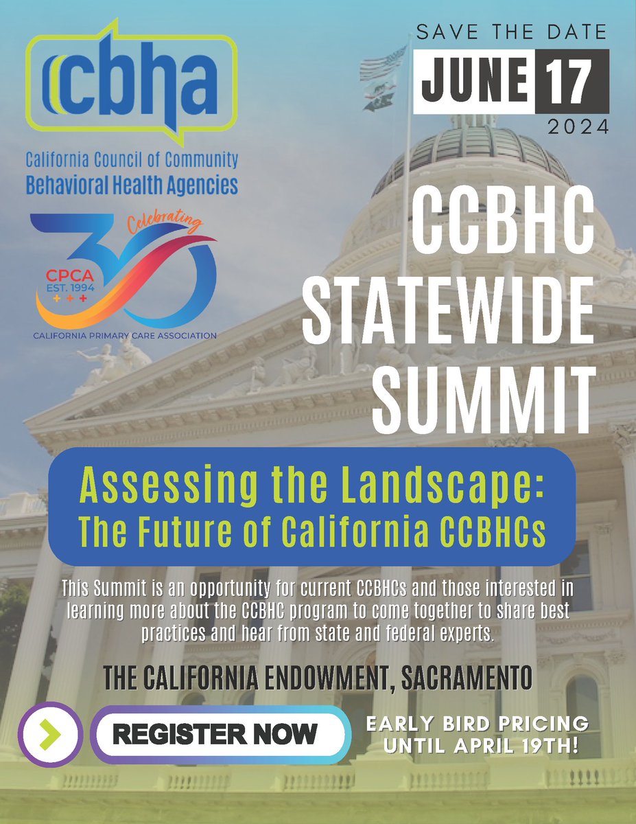 Are you a current #CCBHC or interested in learning more about Certified Community #BehavioralHealth Clinics? Then don't miss the #CCBHC Summit June 17th co-hosted by CPCA and @CBHA_Updates. Register here: ow.ly/WCty50Rr6Vz