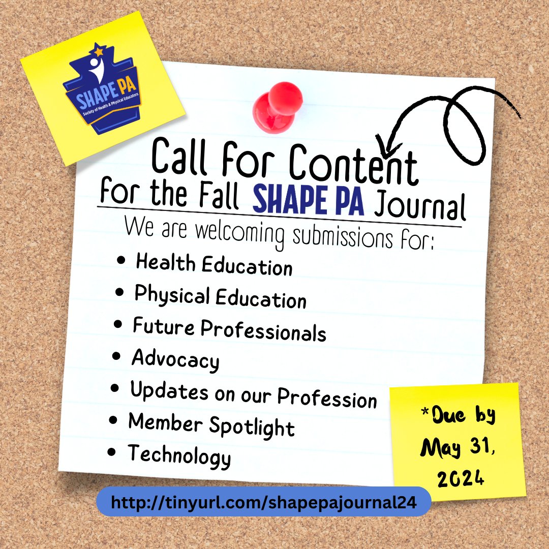 📢 Attention Health & Physical Education gurus! The May 31st deadline is approaching… 🌟 Contribute your insights to our Fall journal! Topics: Health & PE, Advocacy, Technology, and more. 💻 Submit your 1-5 page paper with references by May 31st: tinyurl.com/HPEjournal2024