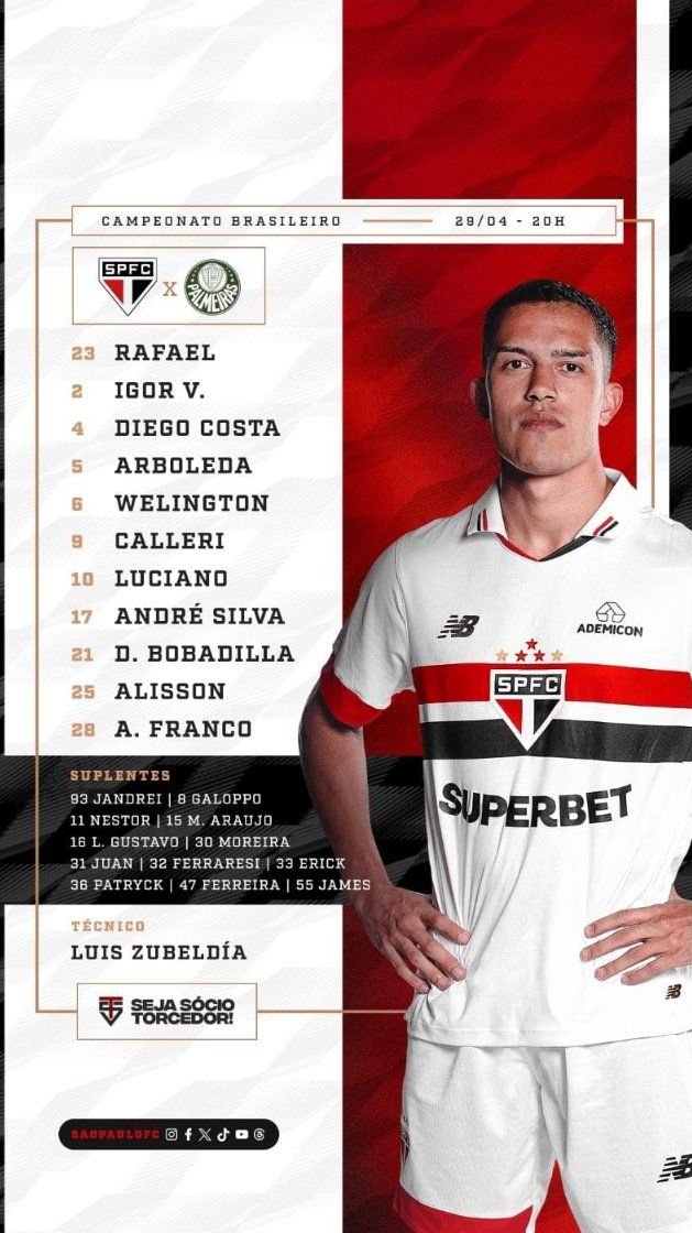 Gostei da volta do sistema de jogo com três zagueiros, me parece ser o mais apropriado para hoje.
Gostei também da escalação, para início de jogo é o melhor que temos.

#VamosSãoPaulo 🇾🇪