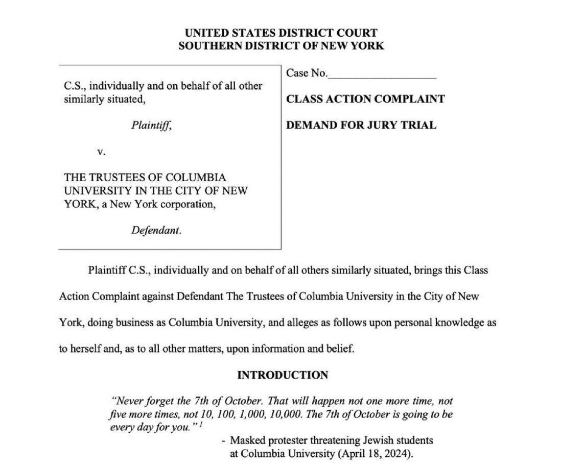 BREAKING: Columbia University Faces Massive Class Action Lawsuit Over Failure to Provide Safe, Non-Discriminatory Educational Environment to Jewish Students and Faculty. 

files.edelson.com/CS_Columbia_Co…