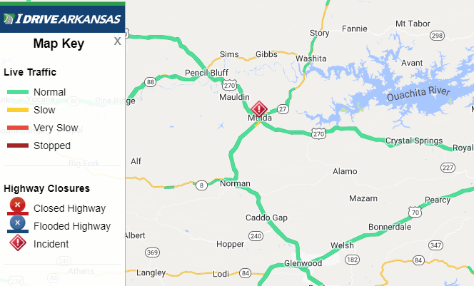 Montgomery Co: (UPDATE) Hwy 270 EB all lanes remain blocked 0.4 miles SE of State Highway 27 (Mount Ida) due to a two-vehicle accident. Monitor IDriveArkansas.com for the latest information. #artraffic #swatraffic