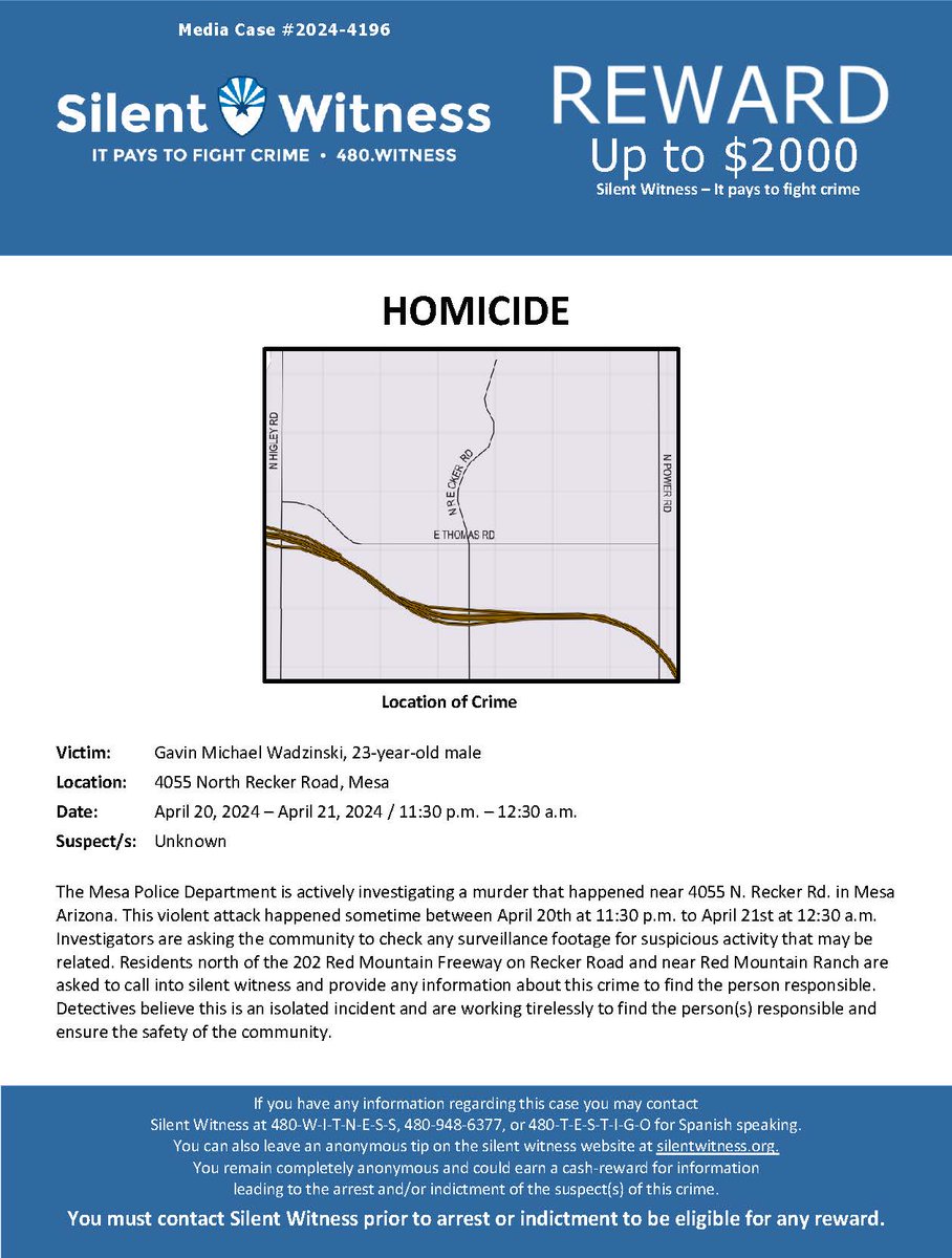 MesaPD's tweet image. Mesa Police call on community to help solve a homicide that occurred at 4055 N Recker on 04/21/2024 at 1:00am. Please see flyer for details. Reward is being offered.