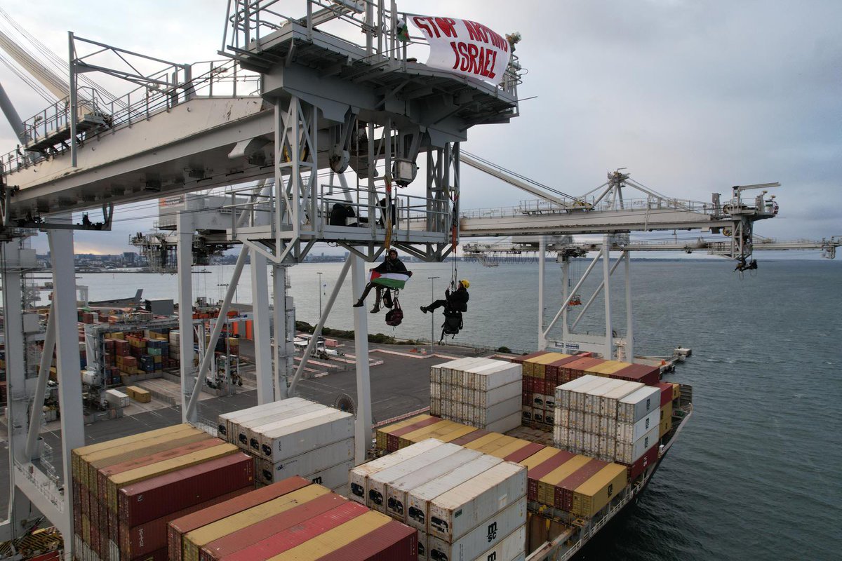 akaWACA's tweet photo. BREAKING! Anti genocide activists have scaled multiple cranes at the Victoria International Container Terminal (VICT), Webb Dock, Melbourne, Australia, in solidarity with Gaza and the Palestinian General Federation of Trade Unions https://t.co/yGNIShXOHc