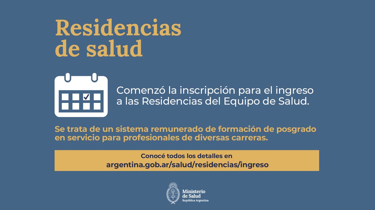 📌 Comenzó la inscripción para las residencias de salud. Se trata de un sistema remunerado de formación de posgrado en servicio para profesionales de diversas carreras. 🔗argentina.gob.ar/salud/residenc…