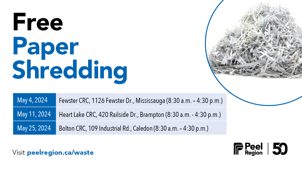 Free unlimited paper shredding at the Fewster CRC in Mississauga on Saturday, May 4, 2024 from 8:30 a.m. to 4:30 p.m. 🗓️

Along with your papers, we encourage you to donate non-perishable food items to a local food bank.🥫

For more information, visit bit.ly/4ctNCBL