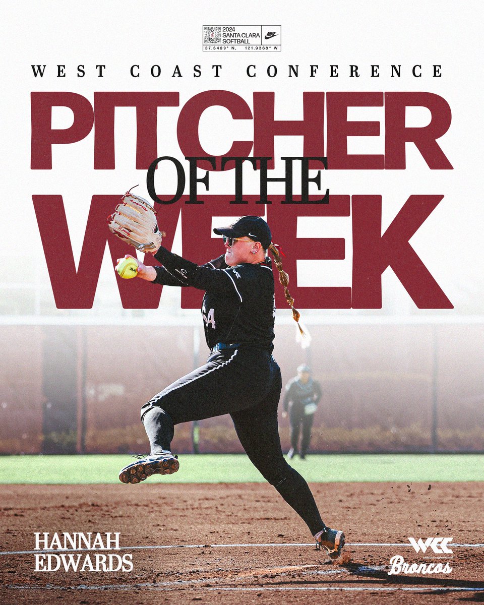 Congratulations @Hannah_Edwa04 on being named WCC Pitcher of the Week! ➡️ bit.ly/4aYBqIi @SCUBroncos #StampedeTogether