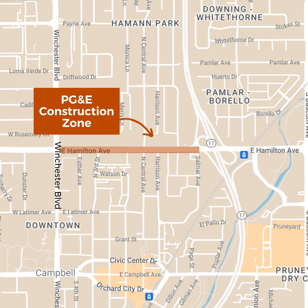 🚧 @PGE4Me is continuing their pipeline project on Hamilton Ave. To minimize traffic impacts, construction will be shifting to night work starting Monday, 4/29 from 9PM - 6AM. Crews will be working on Hamilton between Winchester Blvd. and Salmar Ave.