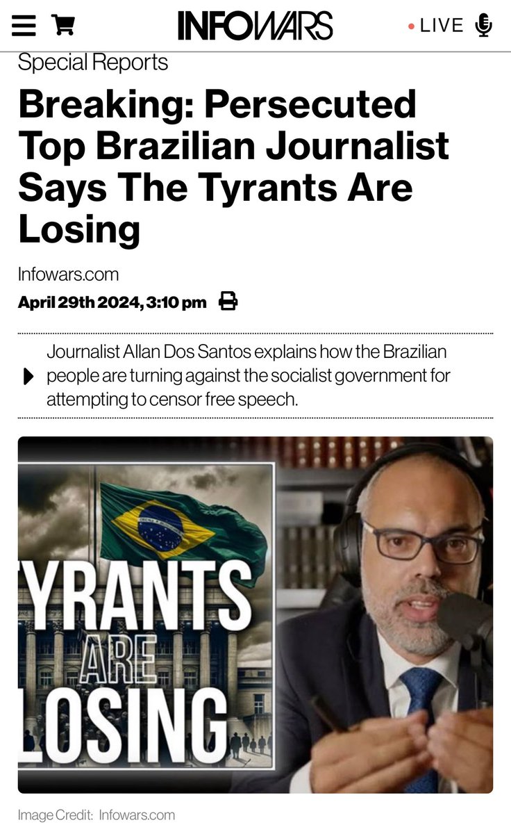 🇬🇧Thanks @infowars ! 🙏 ——— 🇧🇷Obrigada ao @infowars por convidar o jornalista @allanldsantos para essa entrevista! “Importante jornalista brasileiro perseguido diz que os tiranos estão perdendo.” 👏👏👏👏👏👏