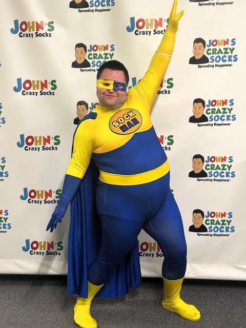 It's #NationalSuperheroDay and our Favorite Superhero is Sock Man.  He's spreading happiness one pair of socks at a time.  #spreadinghappiness #socks #crazysocks #inclusion