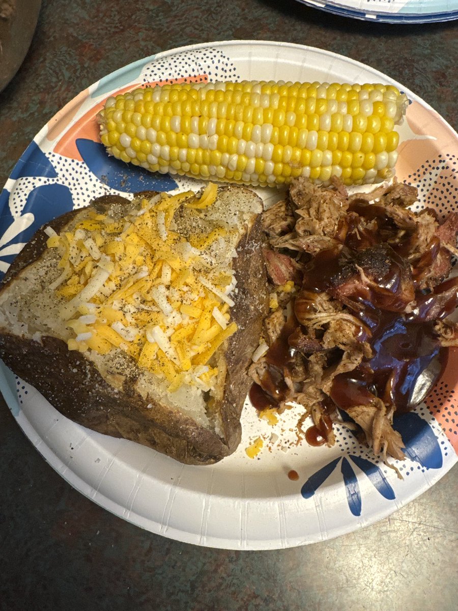 On the menu today! Jumbo Baked Potato, Corn on the Cob, and Hickory and Cherry Smoked Pulled Pork! Yum! #pulledpork #pitboss #cooking #TwitchAffilate