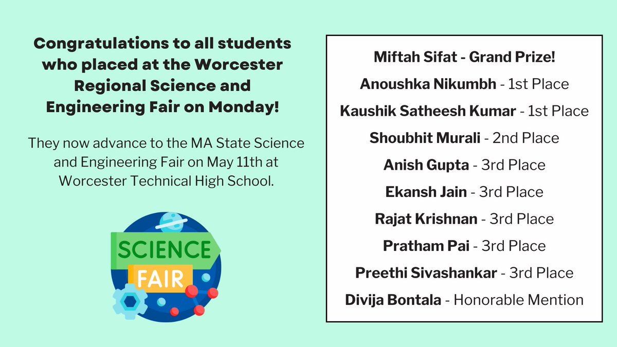 Congrats to all of the students from Oak Middle School who placed at the regional fair today! #shrewsburylearns
