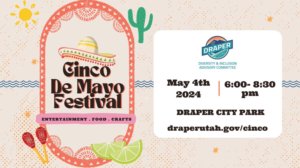 Come celebrate Cinco De Mayo with us on Saturday, May 4th at Draper City Park! This free festival will have lots of activities and be fun for the whole family.
