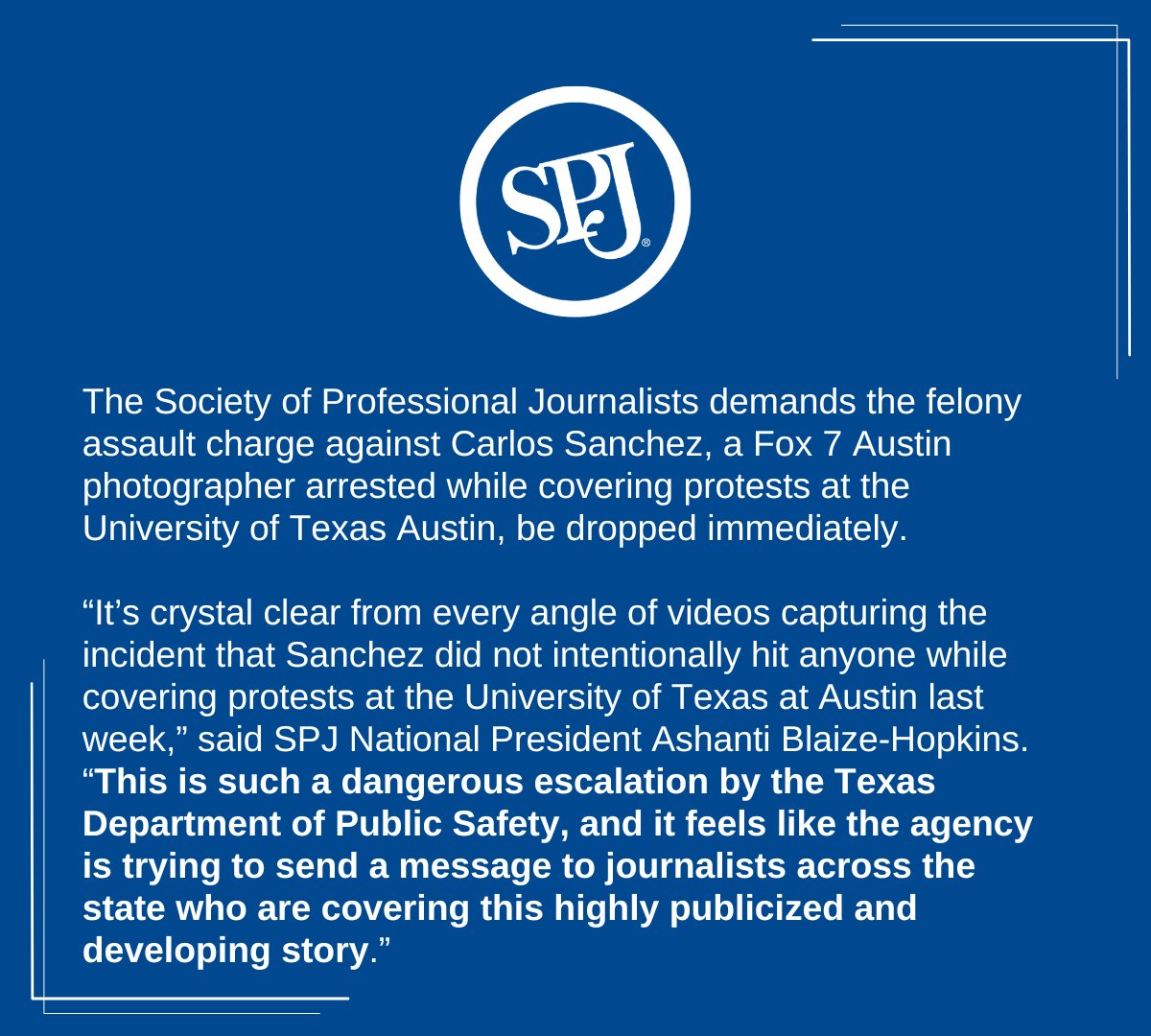 SPJ demands the felony assault charge against @fox7austin photojournalist to be dropped. 'It feels like [@TxDPS] is trying to send a message to journalists covering this highly publicized and developing story,' said SPJ President @AshantiBlaize. bit.ly/44kEXxP