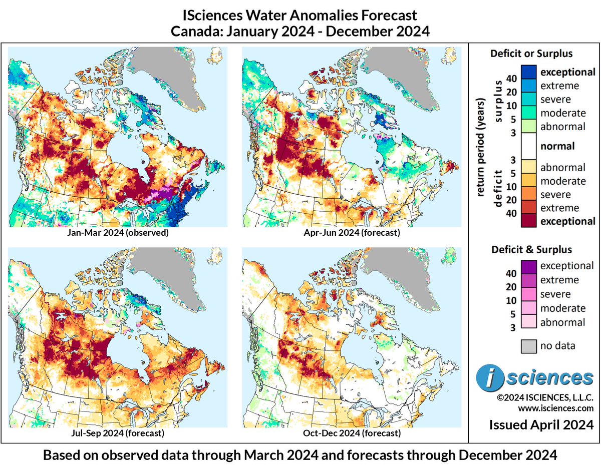 3-month #water anomalies forecast April 2024 - June 2024 for #Canada. Deficit: central and NE #BritishColumbia, N #Alberta, central #Saskatchewan, W #Manitoba, E #Newfoundland. Surplus: N and central #Quebec, N #NewfoundlandandLabrador, #BaffinIsland. isciences.com/blog/2024/04/2…