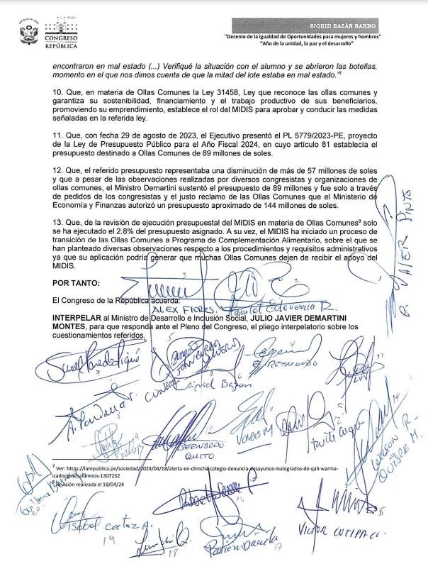 #URGENTE Esta es la moción de interpelación que acabo de presentar contra el titular del @MidisPeru, Julio Demartini. El ministro debe responder por los serios cuestionamientos e ineficiencia del programa @MidisQaliWarma para garantizar los desayunos de miles de niñas y niños.