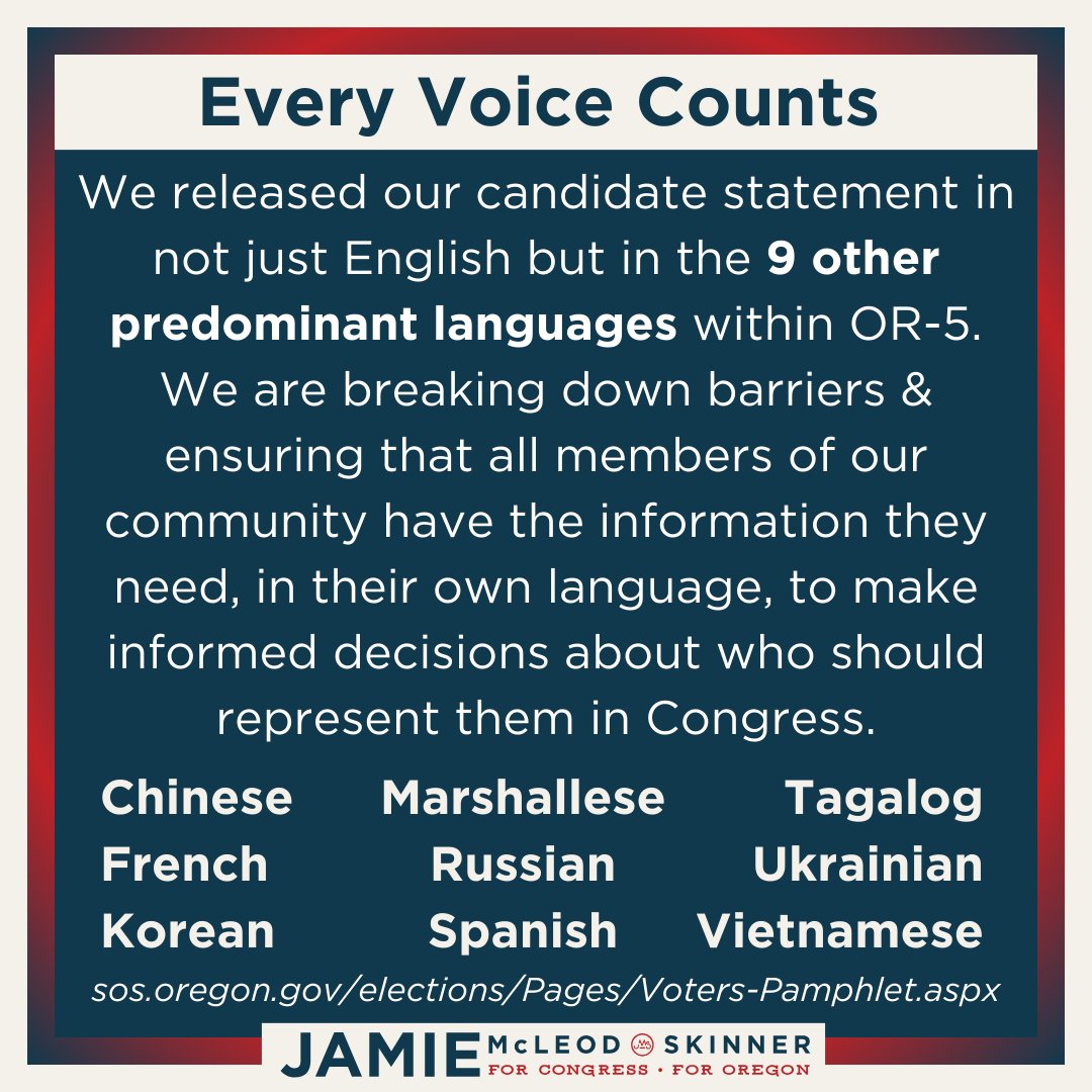 We released our candidate statement in not just English but in the 9 other predominant languages within OR-5. We are ensuring that all members of our community have the info they need to make informed decisions about who should represent them in Congress.

#YourVoteIsYourVoice