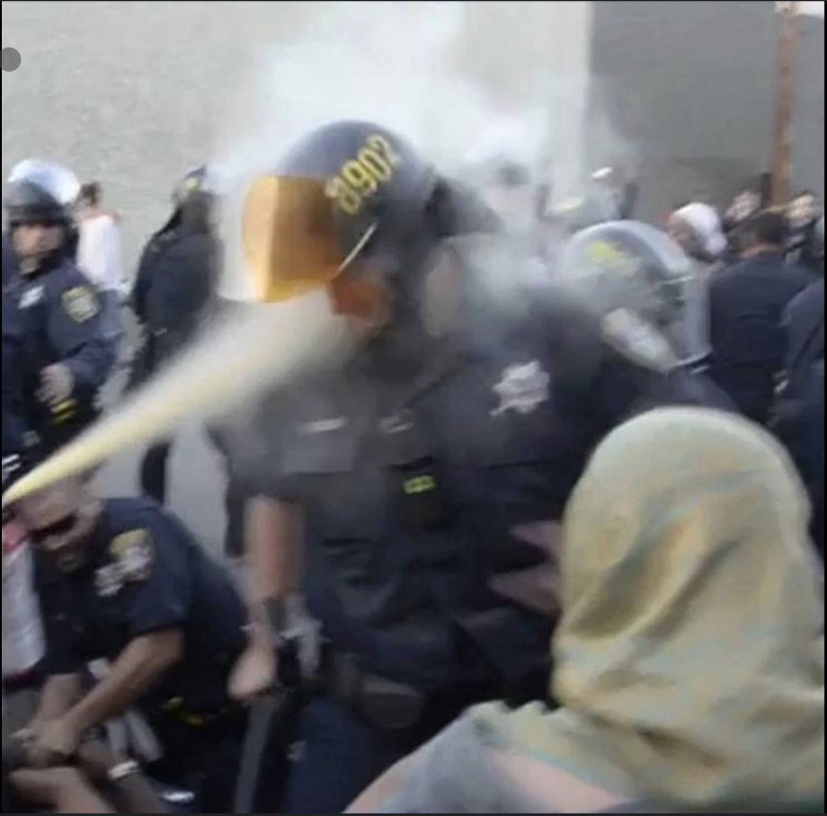 just a shot of opd getting bear mace to the face in 2014 (during the fall/winter mike brown protests) that i am going to leave here for no reason: