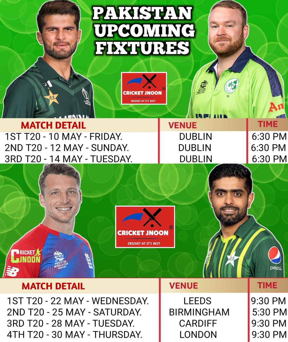 Pakistan Upcoming Fixtures ⚡

3 T20I Against Ireland 🏏
4 T20I Against England 🏏

#PAKvIRE #IREvPAK #PAKvsIRE #IREvsPAK #ENGvPAK #PAKvENG #ENGvsPAK #PAKvsENG #Cricket
#PakistanTourIreland2024
#PakistanTourEngland2024