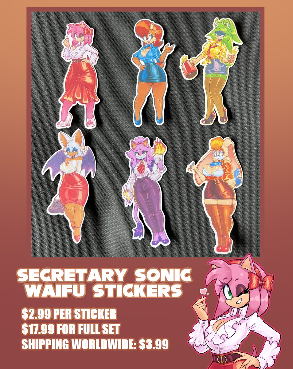 I've teamed up with @IrohCards to make a sticker set of my sonic secretary lady drawings!✨ You can order just one, a few, or the whole set! Check out the set: ko-fi.com/s/65262dfc63