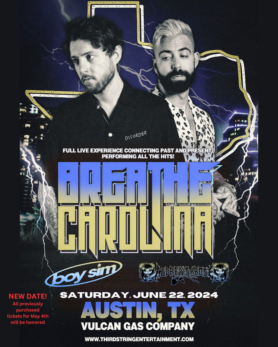 ATTENTION: @BreatheCarolina Austin show has been rescheduled to June 22ND @vulcanatx ! All previously purchased tickets will be honored - hit the link in bio for tickets! ‼️🎟️