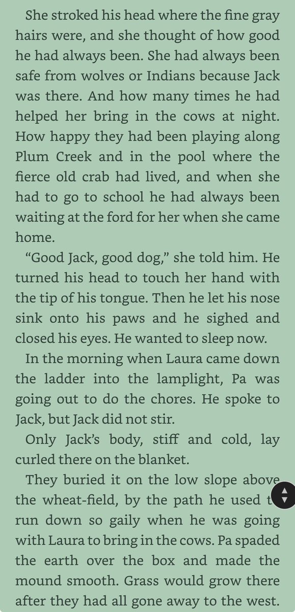 @KristiNoem “Where’s Cricket?”  In honor of Cricket, I’d like to post one of my favorite excerpts from the Little House on the Prairie book, OTBOPC, about her dog Jack and his tearful goodbye. It made me cry at 8 and still does at 58. 🥺