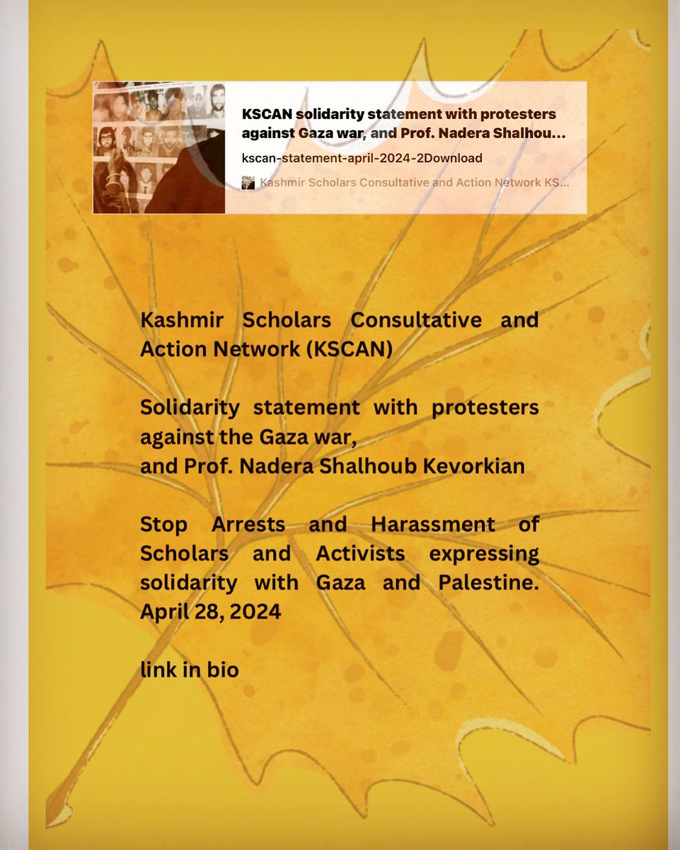 Stop Arrests and Harassment of Scholars and Activists expressing solidarity with Gaza and Palestine. Public Statement on the Arrest of Professor Nadera Shalhoub-Kevorkian @KashmirScholars kashmir-scholars.org/2024/04/28/ksc… #endsettlercolonialviolence #endgenocideingaza #freepalestine