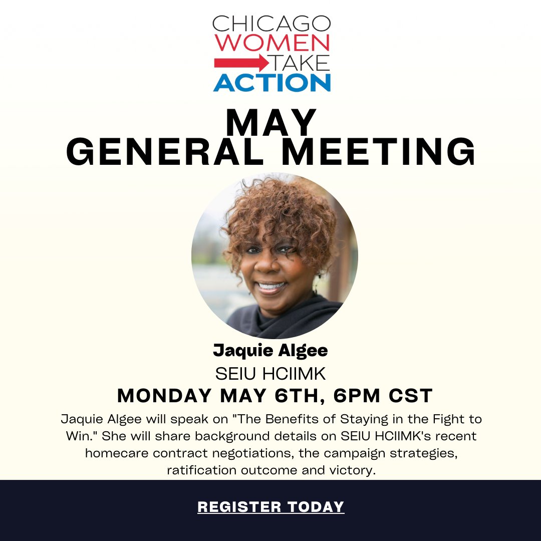 ChicagoWTA's tweet image. Join us Next Monday, May 6th at 6 for a conversation with SEIU HCIIMK's Jaquie Algee! Register here: us06web.zoom.us/meeting/regist…

#Workersrights #ProtectAllWorkers #Chicagowomen #Civicengagement