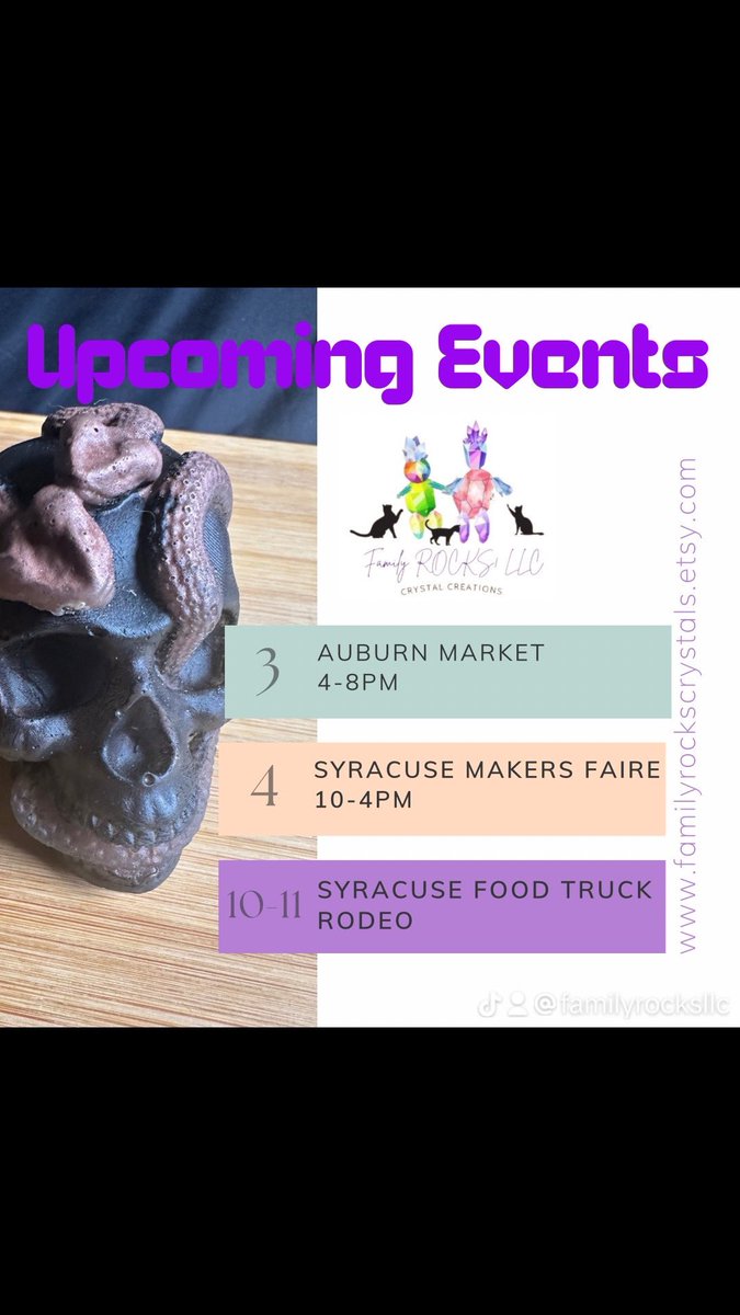 5/3 Auburn Market 4-8pm
5/4 Syracuse Makers Faire 10-4pm
5/10-5/11 Syracuse Food Truck Rodeo 
  Friday 4-10pm
  Sat 11-10pm

#familyrocks #events #syracuse #upstateny #syracuseny #cuse #auburn #auburnny #events #foodtruckfestival #makers #makersfaire #schedule #vendors