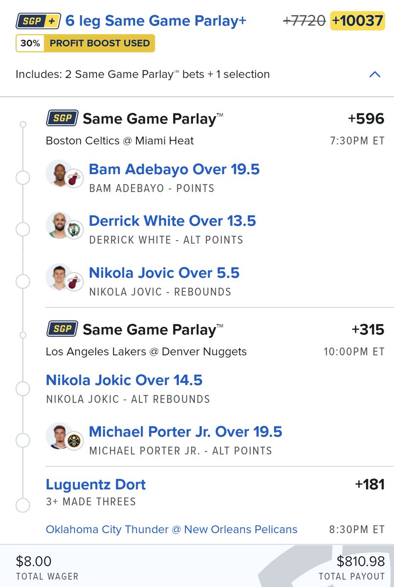 🚨 Monday NBA playoffs 🏀 🚨
Let's cash this profit boosted 
parlay damnit! Play your faves solo, make your own or tail. Be responsible about it.
#gamblingX #nbaprops #nbabets #nbaparlay #basketballparlay  #samegameparlay #profitboost #fanduel #phillybetbros