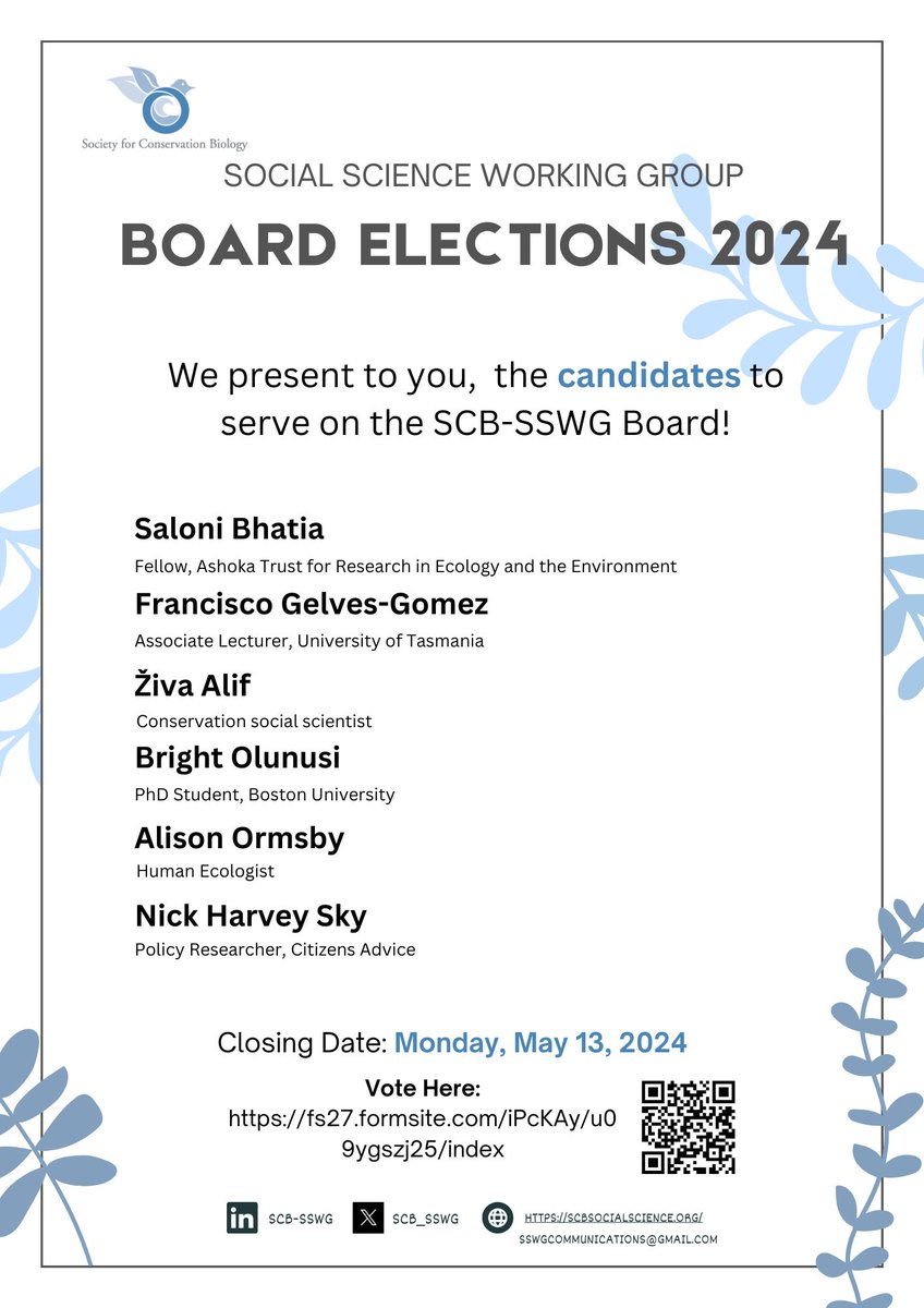 Welcome to the SCB Social Science Working Group Board Election 2024! 🌍✨
Your vote matters in shaping the future of our group, so don't miss this opportunity to participate in the elections. 🤝 Scan the QR code or click the link below to cast your vote:
buff.ly/4bkDJFj