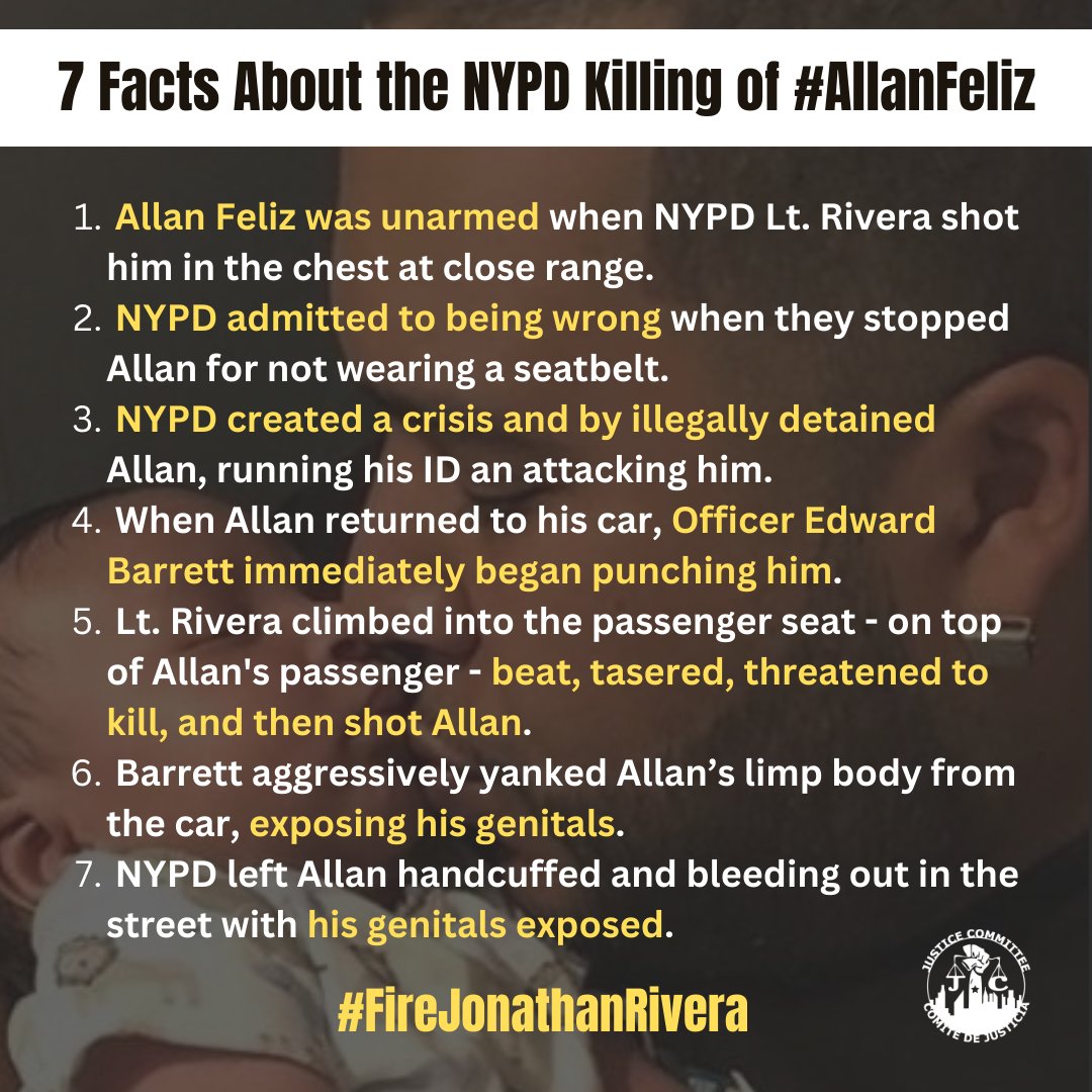 On 10/17/19 #AllanFeliz was racially profiled, illegally detained & killed by Lt. Jonathan Rivera. While Allan's infant son grows up without a father, Rivera has received 10s of 1000s of dollars in pay increases. @NYCMayor & @NYPDPC must #FireJonathanRivera!