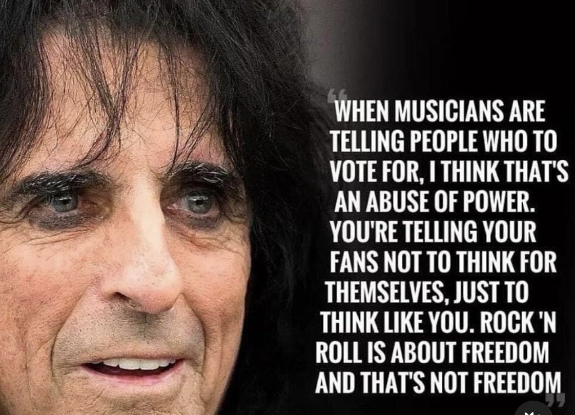 . @alicecooper always so based. I’m so sick of celebrities schooling their fans on how to vote… especially when pop stars do it at their live shows… Art being tainted by politics is no longer freedom! #schoolsout