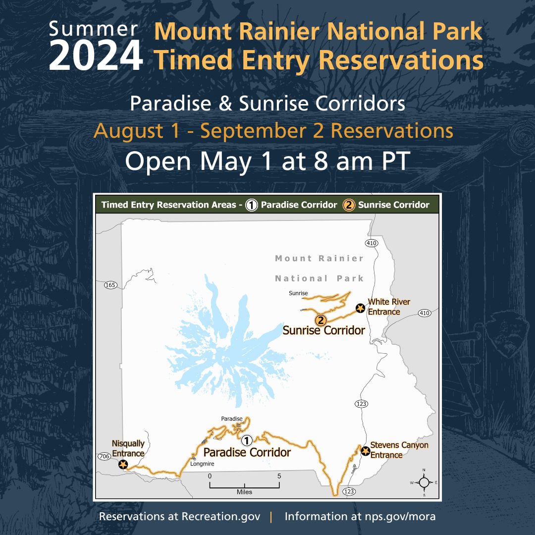 Planning to visit @MountRainierNPS? Timed entry reservations for the Paradise Corridor & Sunrise Corridor in August open on May 1 at 8 am PT. Get ready! Check out Recreation.gov webpage/mobile app & create your account. More info: go.nps.gov/MORATimedEntry